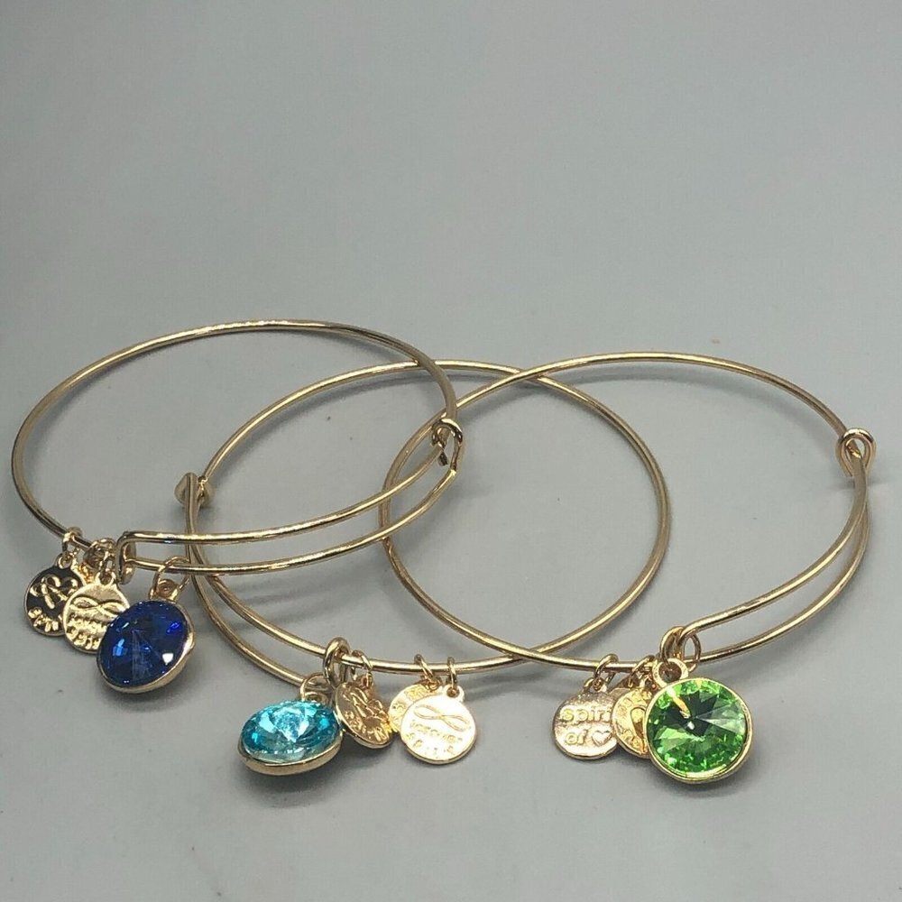 3/$30 Spirit Bangle Bracelets Set Gold Dangle Charms Laser Cut Rhinestones 7.5"